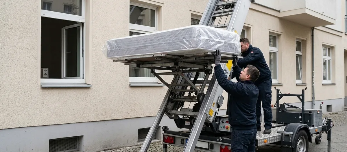 Zwei Männer führen eine in Folie eingeschlagene Matratze auf die Plattform eines aufgebauten Möbellifts, der schräg an einer schlichten verputzten Fassade hochreicht.