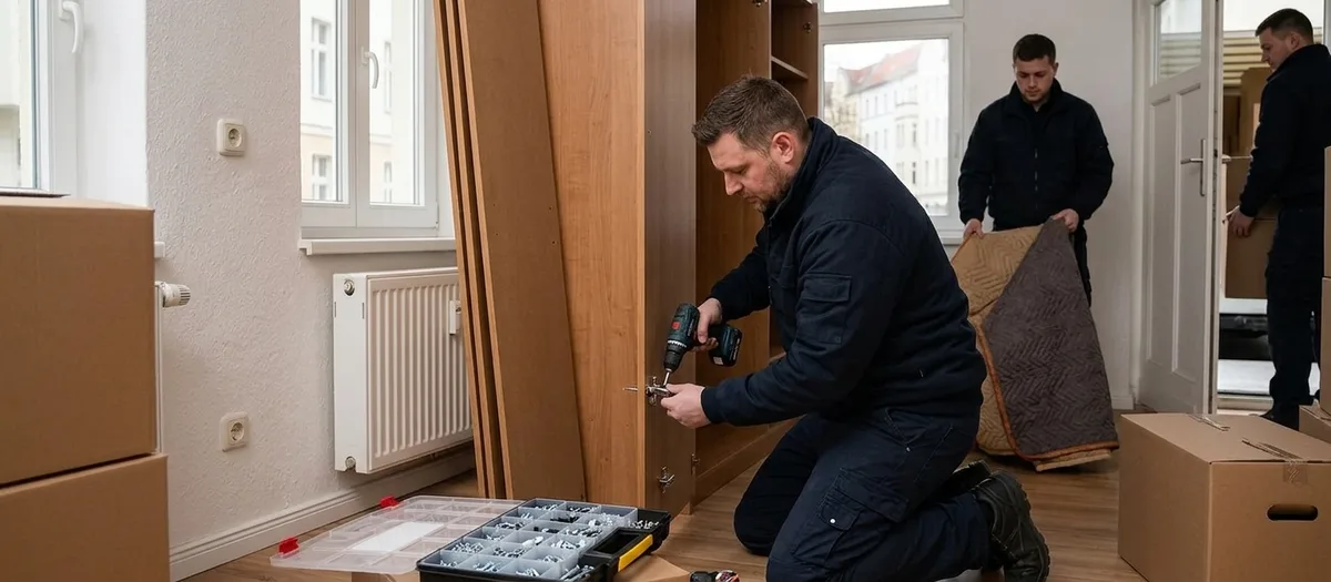 Möbelmontage in einer leeren Wohnung: Ein Monteur kniet mit dem Akkuschrauber vor einem aufgestellten Kleiderschrank, das Kleinteilesortiment liegt im offenen Sortimentskasten auf dem Dielenboden.