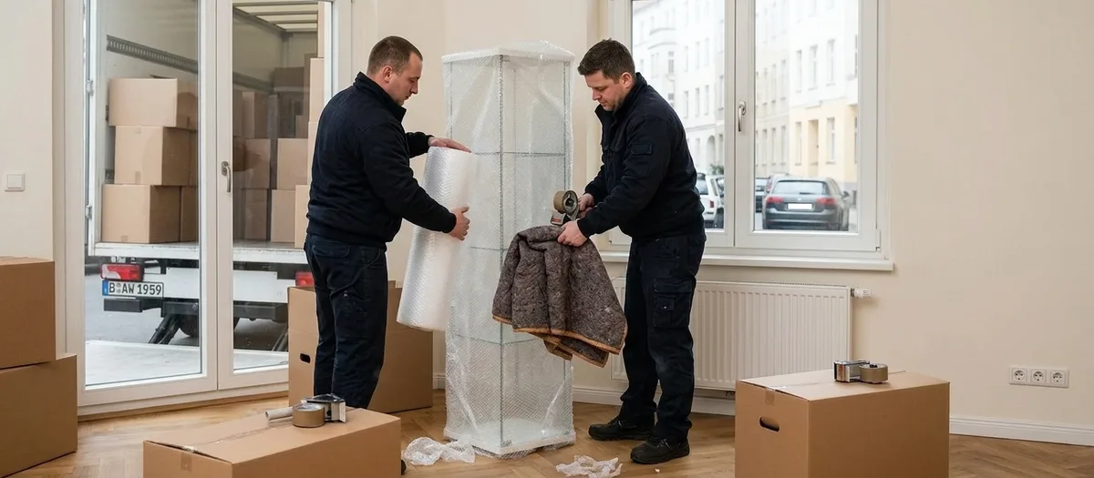 Zwei Umzugsmitarbeiter wickeln eine schmale Glasvitrine in Luftpolsterfolie und eine Packdecke ein, ringsum stehen verschlossene Kartons mit Klebebandabrollern darauf.