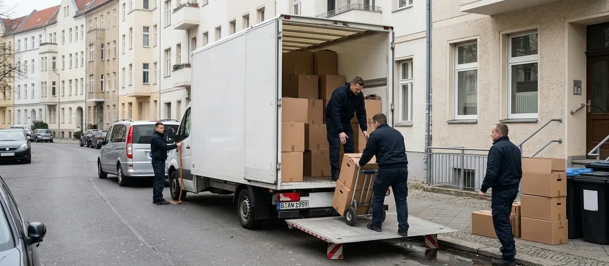 Möbeltransport an der Ladebordwand: Ein Träger schiebt eine beladene Sackkarre über die Hebebühne in den Kastenwagen, ein zweiter reicht Kartons aus dem Laderaum nach unten.