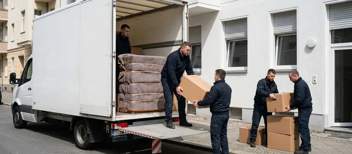 Mittagssonne an einem schlichten Wohnblock: Über die Ladebordwand des Kastenwagens werden Kartons und eine gepolsterte Kommode ausgeladen, im Laderaum stapeln sich gegurtete Packdecken.