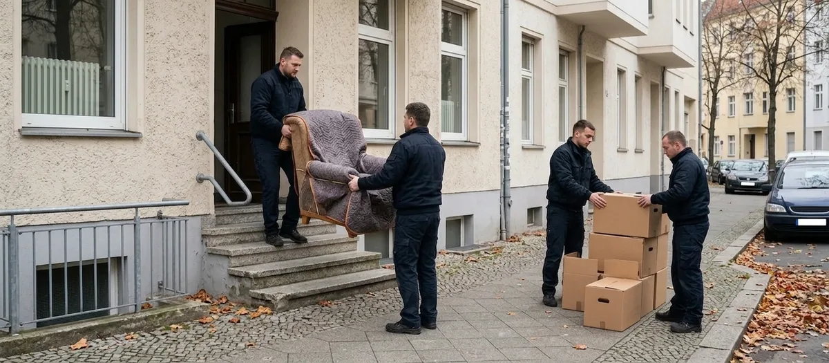 Herbstlicht an einem verputzten Altbau: Zwei Träger tragen einen in eine Decke gehüllten Polstersessel die Freitreppe herunter, zwei Kollegen stapeln Kartons auf dem Gehweg.