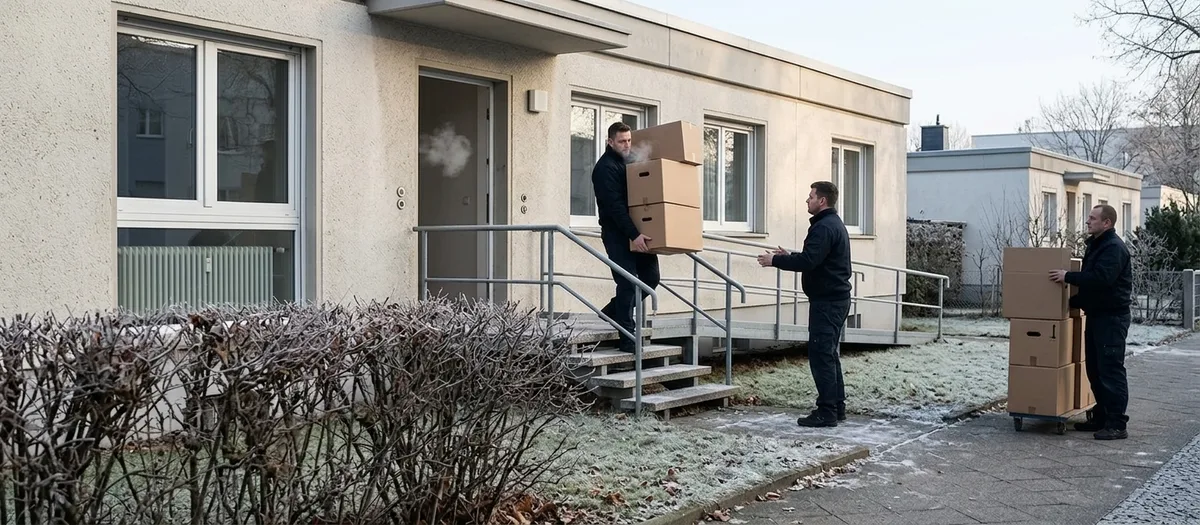 Frostiger Wintermorgen an einem flachen Bungalow: Ein Träger bringt zwei Kartons die Eingangsstufen herunter und sein Atem dampft, ein Kollege wartet mit der beladenen Sackkarre am Weg.