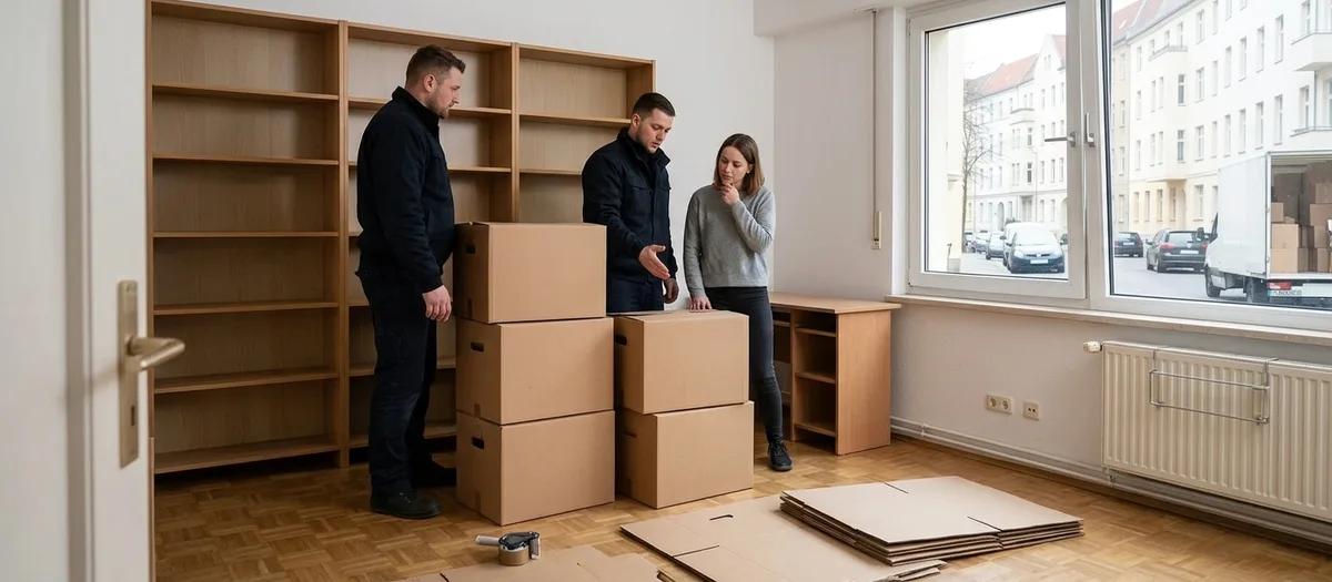 Halb gepacktes Zimmer mit leergeräumten Regalen: Eine Frau und zwei Männer stehen vor einem Kartonstapel und besprechen, was als Nächstes eingepackt wird, auf dem Boden liegen flach gefaltete Kartons und ein Klebebandabroller.