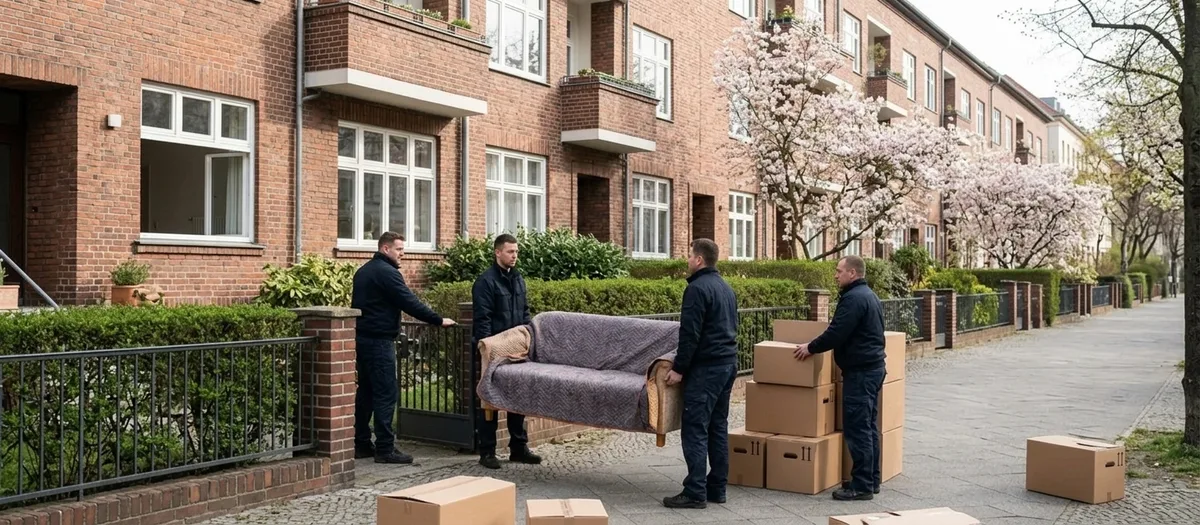 Frühling vor einer Backsteinzeile mit kleinen Vorgärten: Vier Träger tragen ein in Decken gewickeltes Sofa durch das geöffnete Gartentor, auf dem Gehweg stehen fertig gepackte Kartons, dahinter blüht ein Zierbaum.